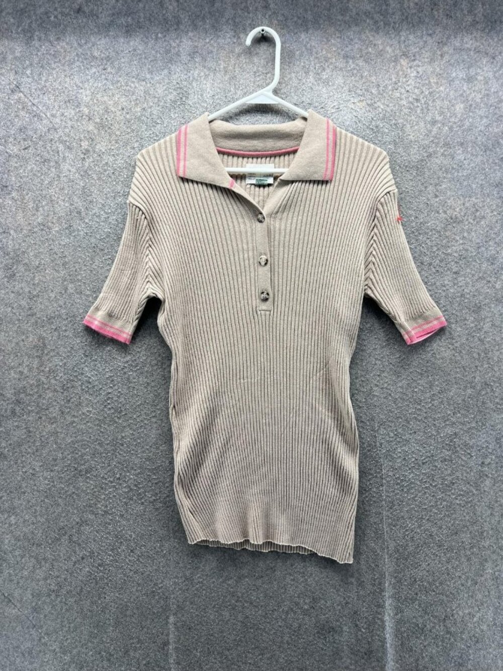 Anthropologie Shirt Women XS Beige Collared Short Sleeve Polo Ribbed Knit